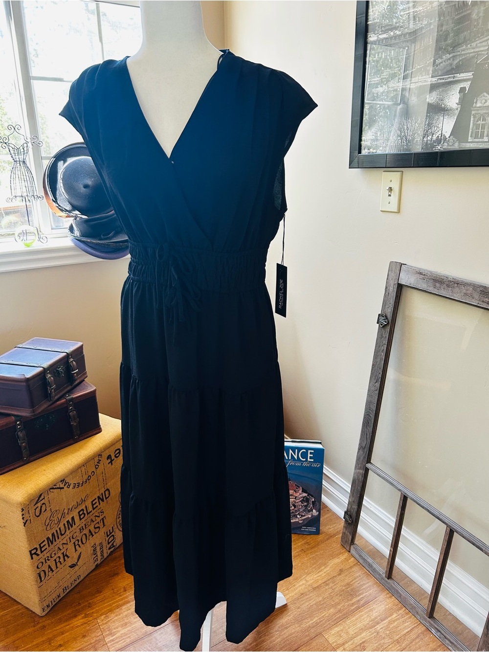 Rachel Zoe Black V-Neck Smocked-Waist Tiered Midi Dress
